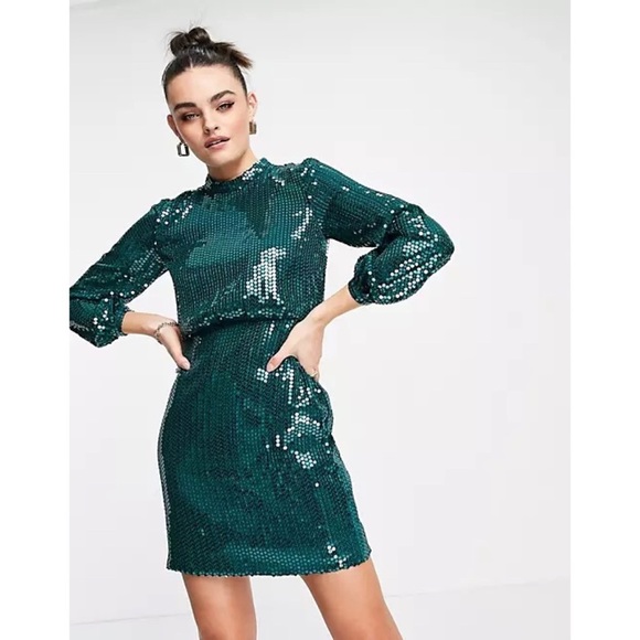 Whistles Dresses & Skirts - Whistles Dena Teal Sequin Long Sleeve Mini Dress Size US 14
